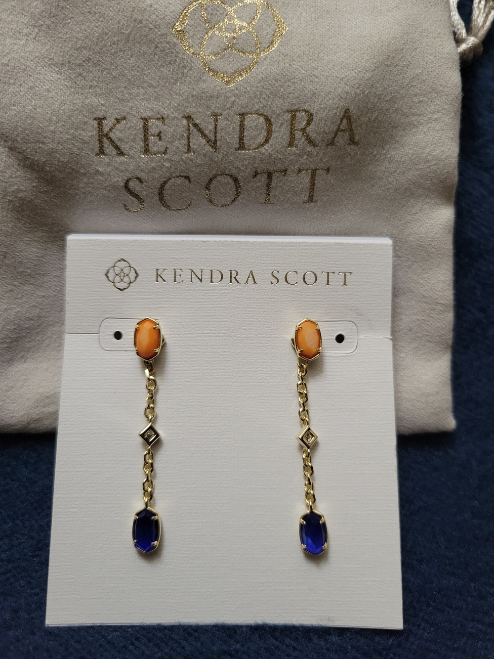 Kendra Scott Gold-Toned Drop Earrings with Orange and Blue Stones